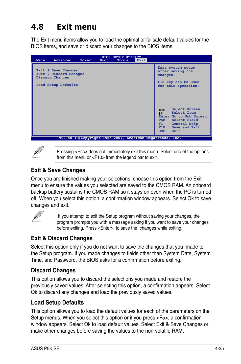 8 exit menu, Exit & save changes, Exit & discard changes | Discard changes, Load setup defaults | Asus P5K SE User Manual | Page 101 / 136