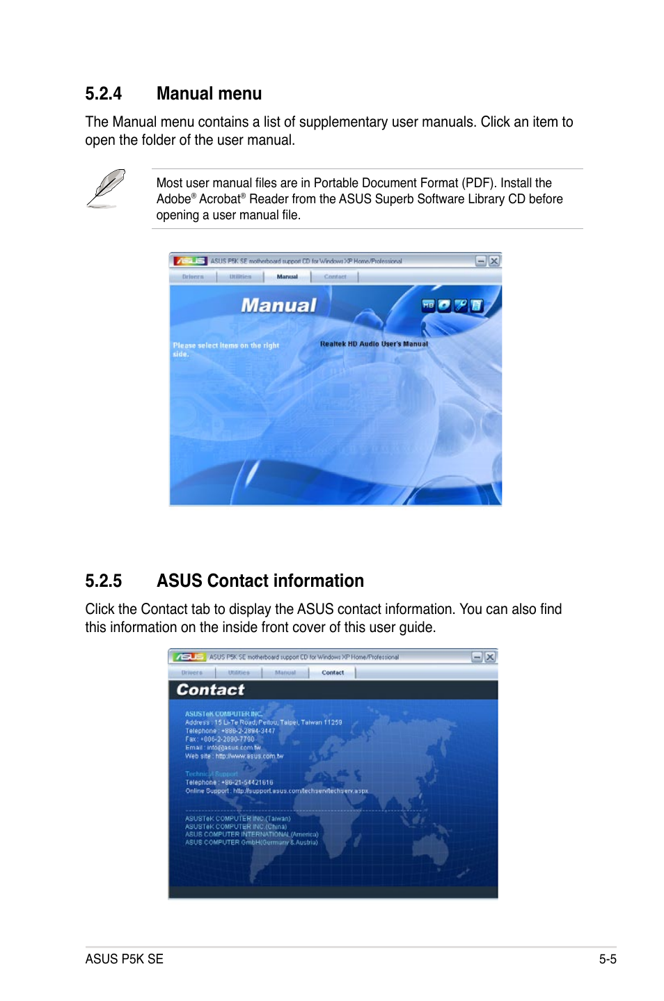 4 manual menu, 5 asus contact information | Asus P5K SE User Manual | Page 109 / 136