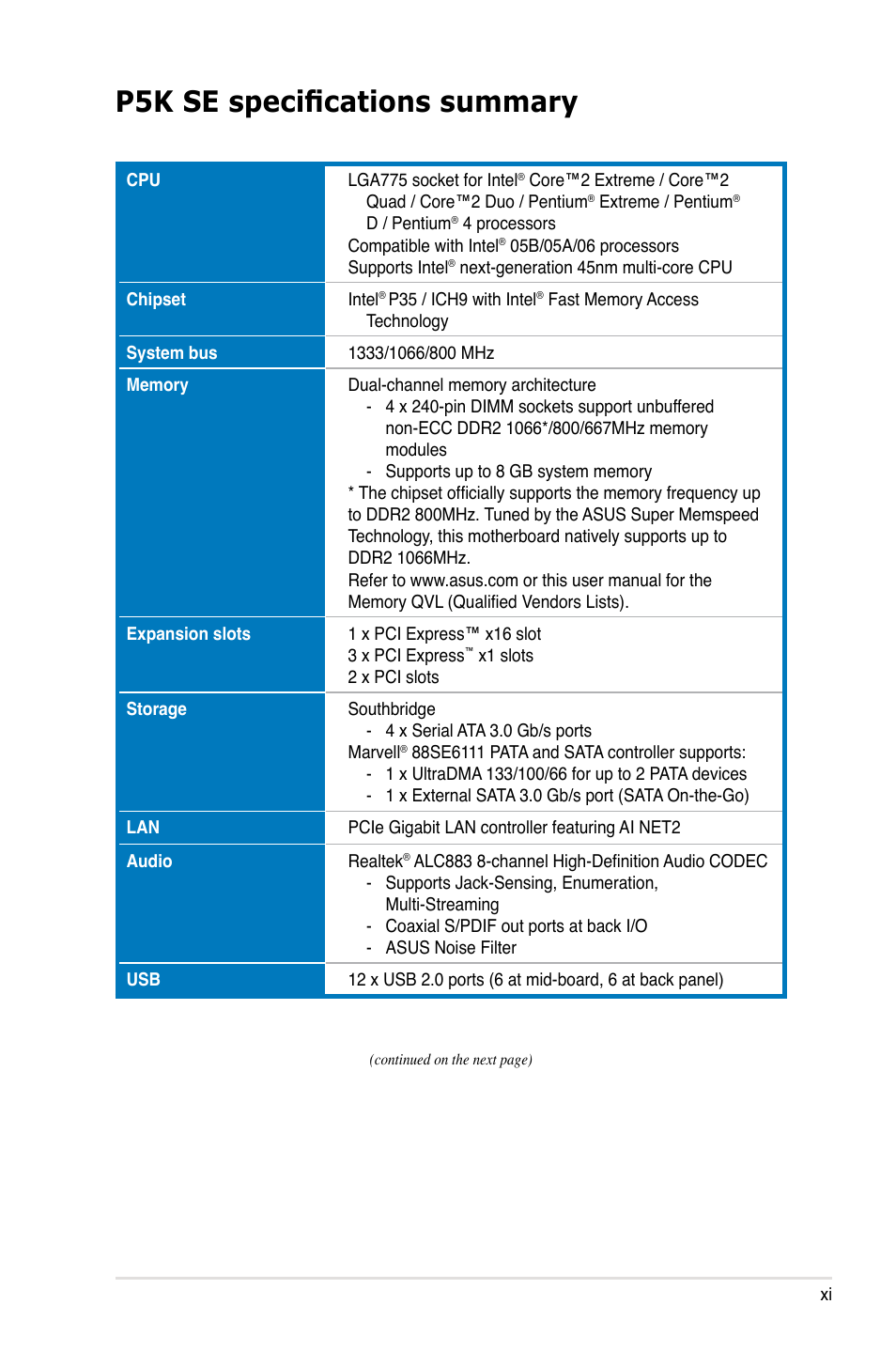 P5k se specifications summary | Asus P5K SE User Manual | Page 11 / 136