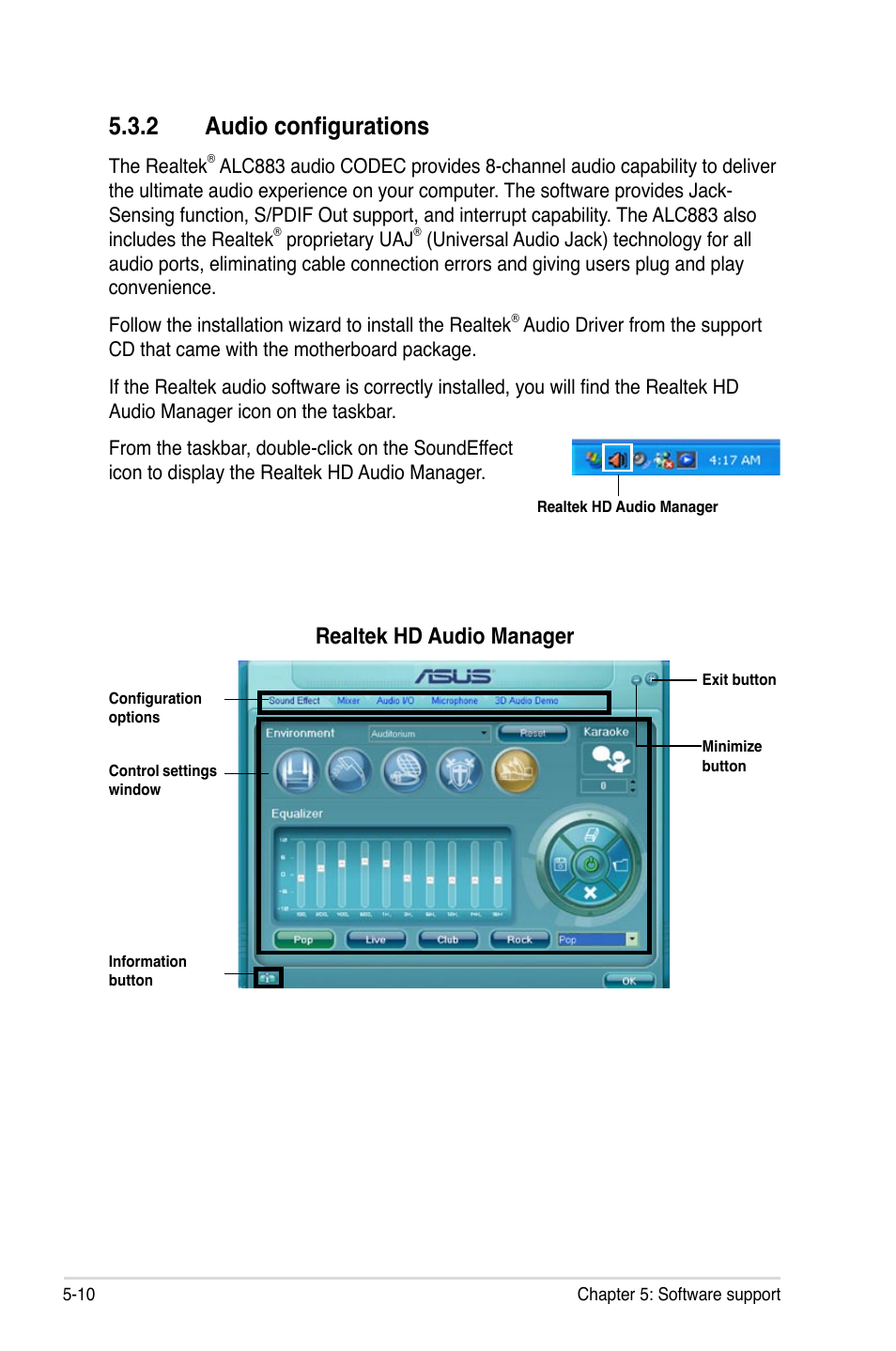 2 audio configurations, Realtek hd audio manager | Asus P5K SE User Manual | Page 114 / 136