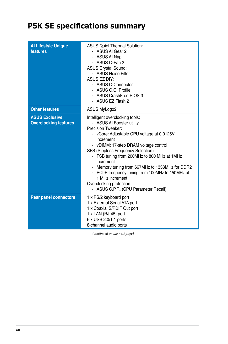 P5k se specifications summary | Asus P5K SE User Manual | Page 12 / 136