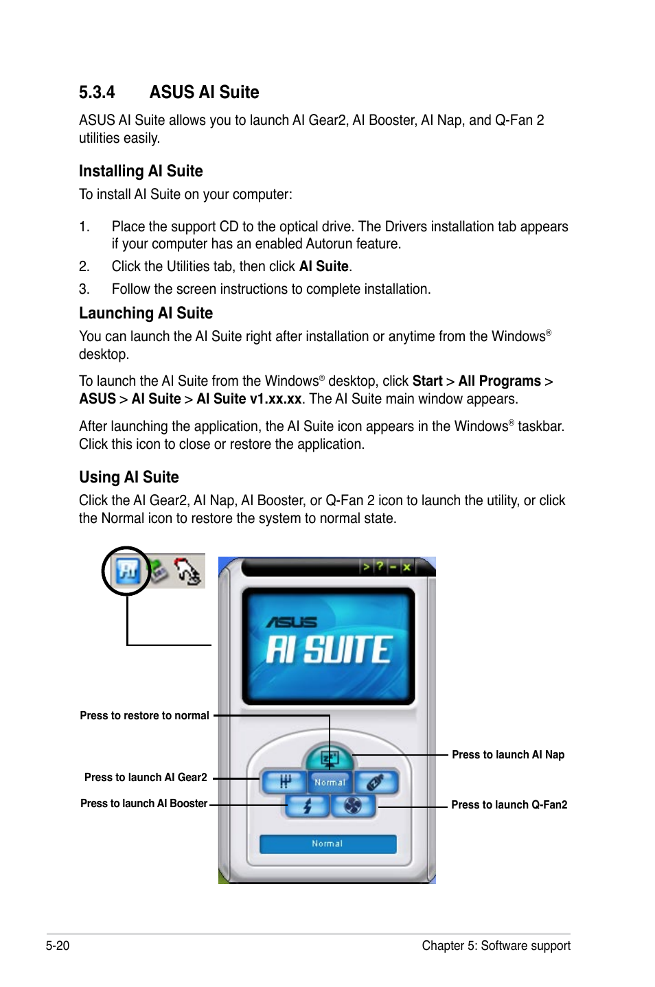 4 asus ai suite, Installing ai suite, Launching ai suite | Using ai suite | Asus P5K SE User Manual | Page 124 / 136