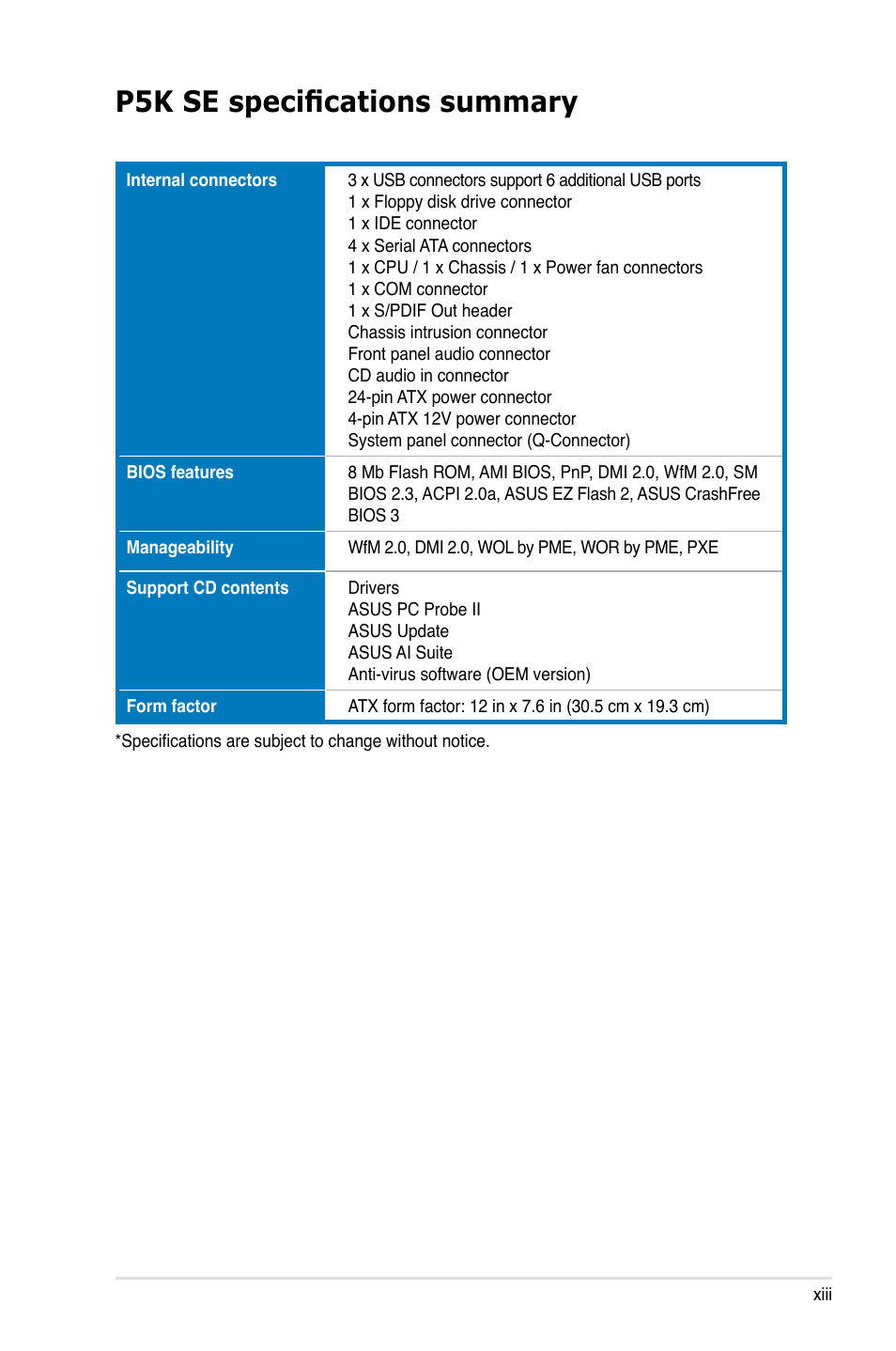 P5k se specifications summary | Asus P5K SE User Manual | Page 13 / 136