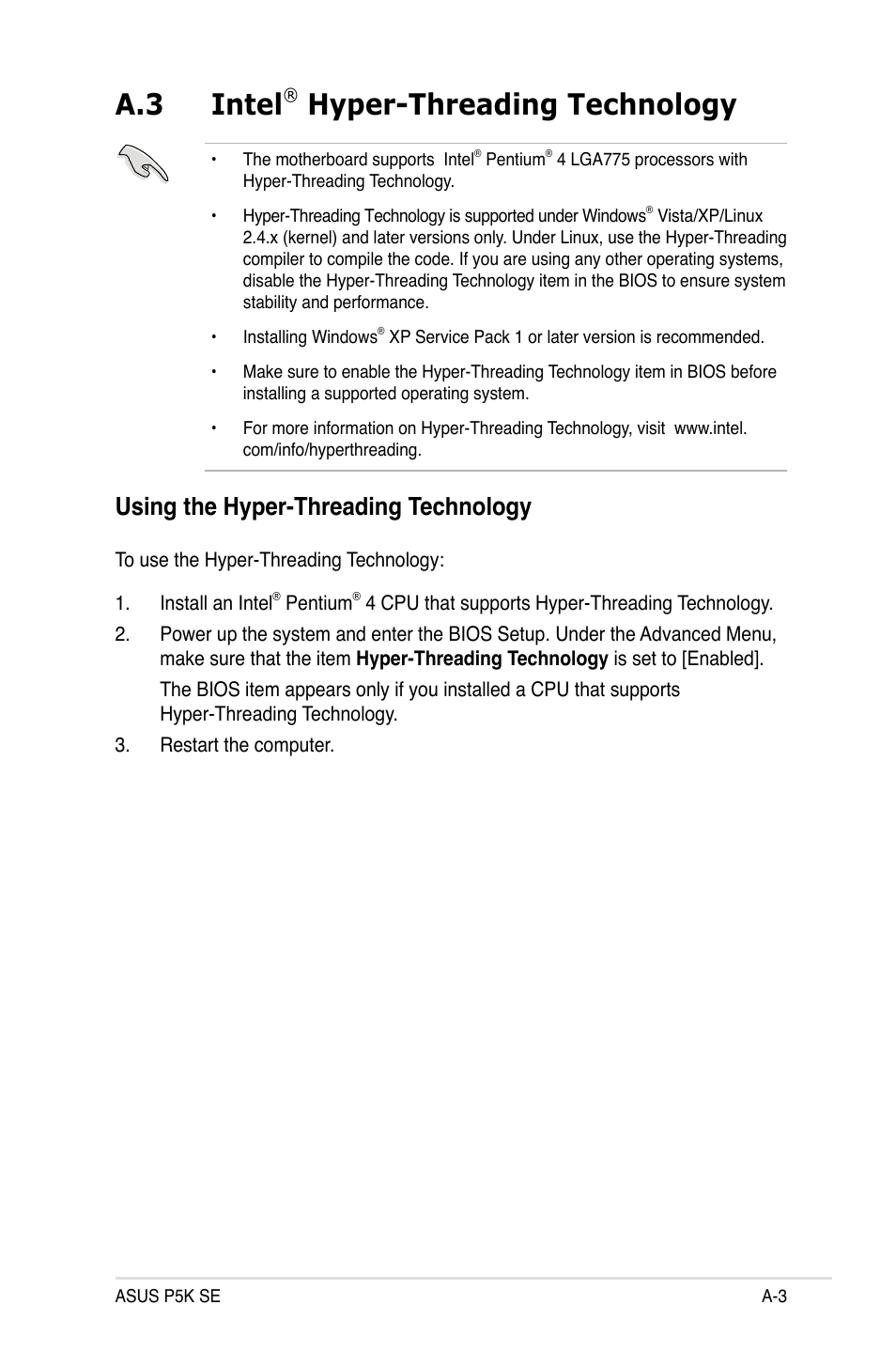 A.3 intel, Hyper-threading technology, Using the hyper-threading technology | Asus P5K SE User Manual | Page 135 / 136