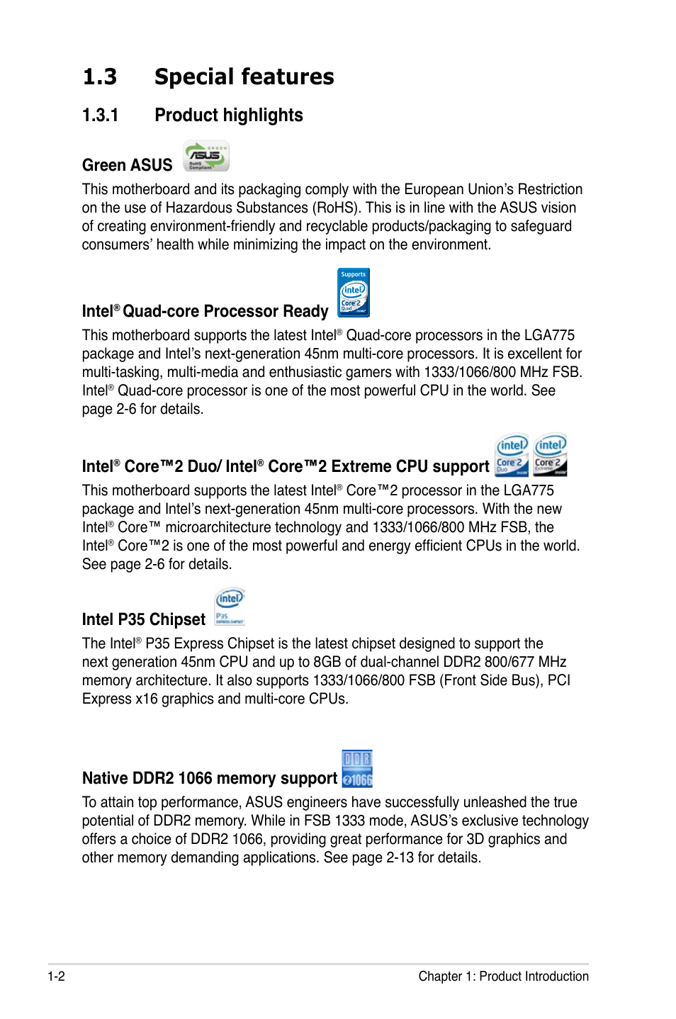 3 special features, 1 product highlights, Green asus | Intel, Quad-core processor ready, Core™2 duo/ intel, Core™2 extreme cpu support, Intel p35 chipset | Asus P5K SE User Manual | Page 18 / 136