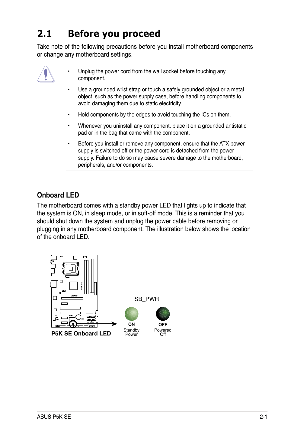 1 before you proceed, Onboard led | Asus P5K SE User Manual | Page 25 / 136