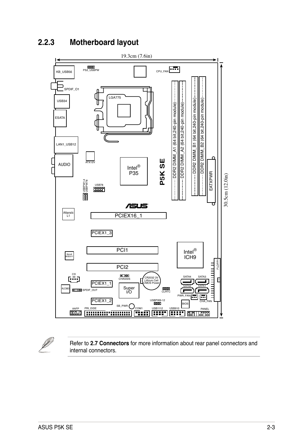 3 motherboard layout, P5k se, Asus p5k se 2-3 | Intel, Ich9, P35 pci1, Pciex16_1 pci2 | Asus P5K SE User Manual | Page 27 / 136