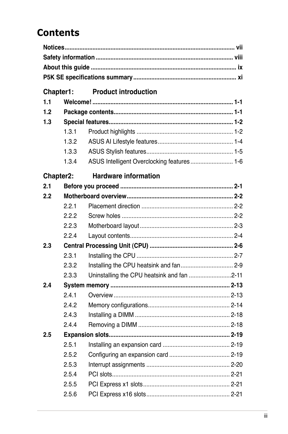 Asus P5K SE User Manual | Page 3 / 136