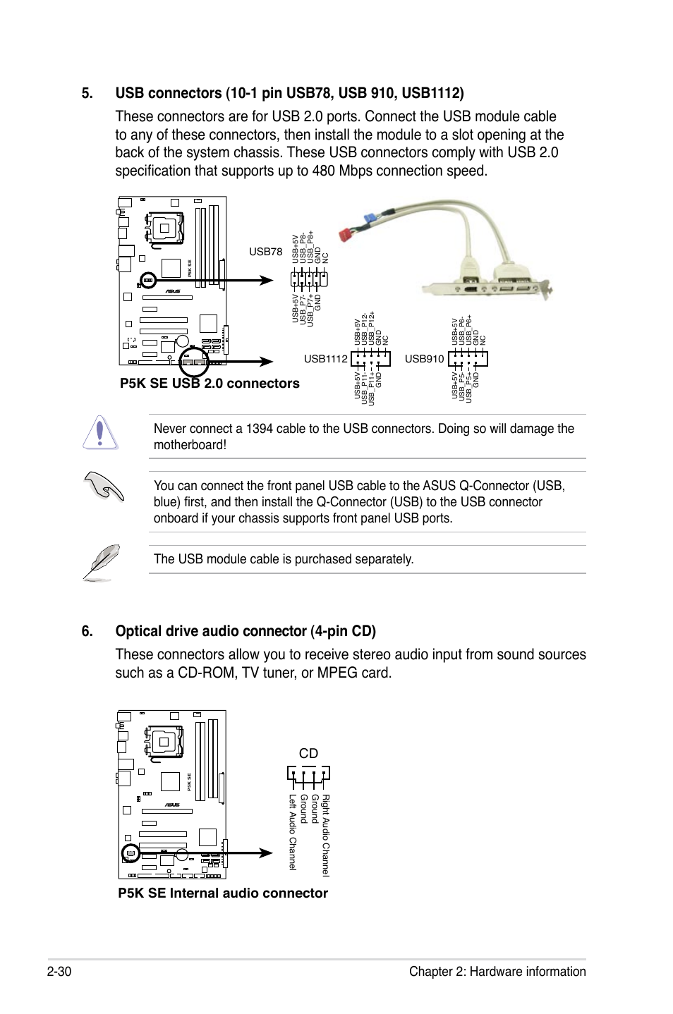 30 chapter 2: hardware information, P5k se usb 2.0 connectors, P5k se internal audio connector cd | Asus P5K SE User Manual | Page 54 / 136