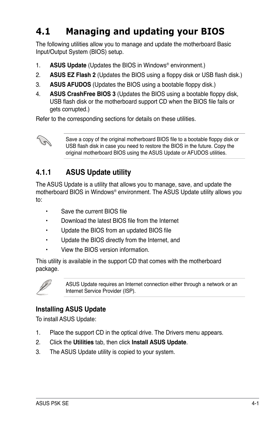 1 managing and updating your bios, 1 asus update utility | Asus P5K SE User Manual | Page 67 / 136