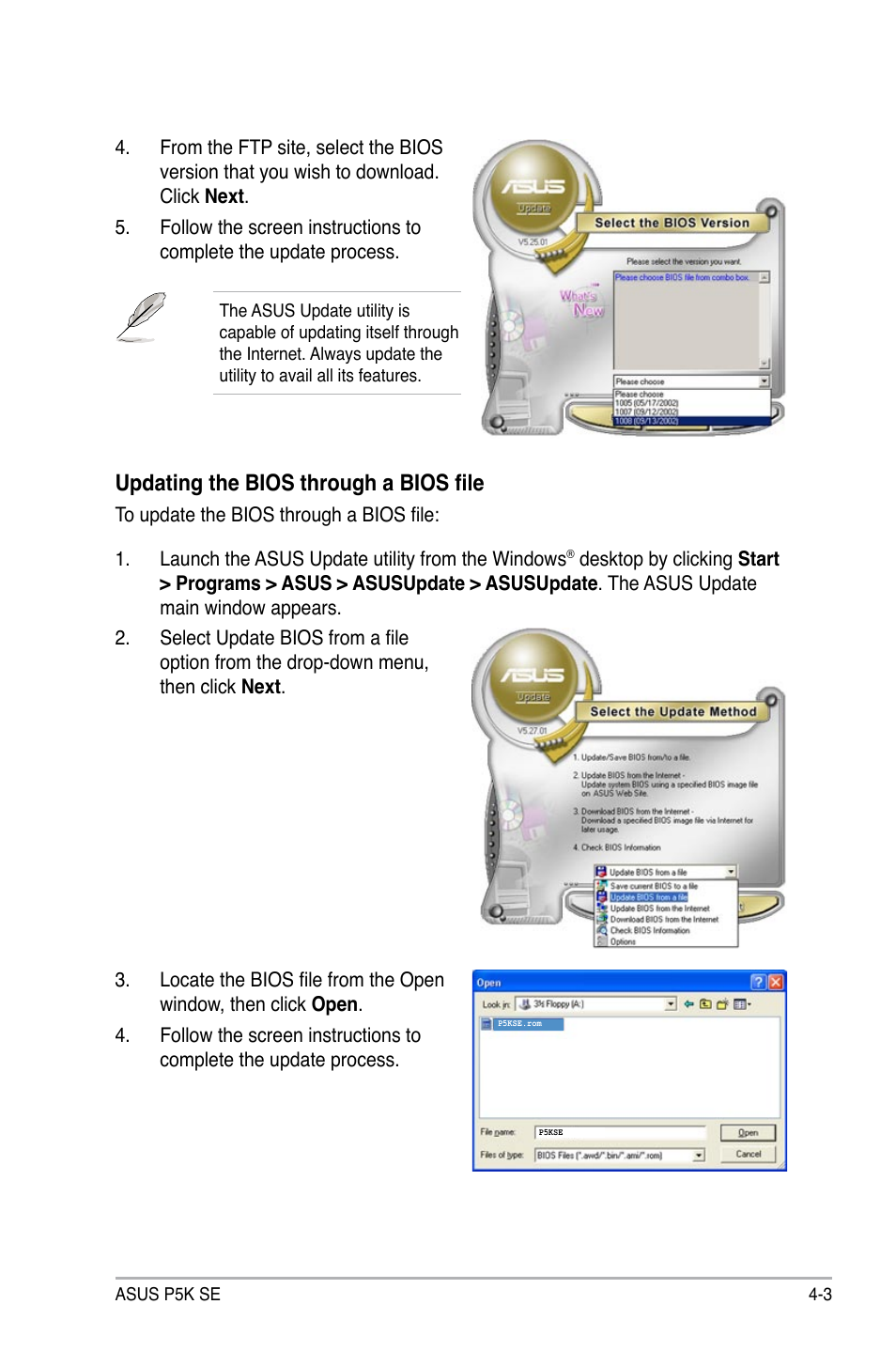 Updating the bios through a bios file | Asus P5K SE User Manual | Page 69 / 136