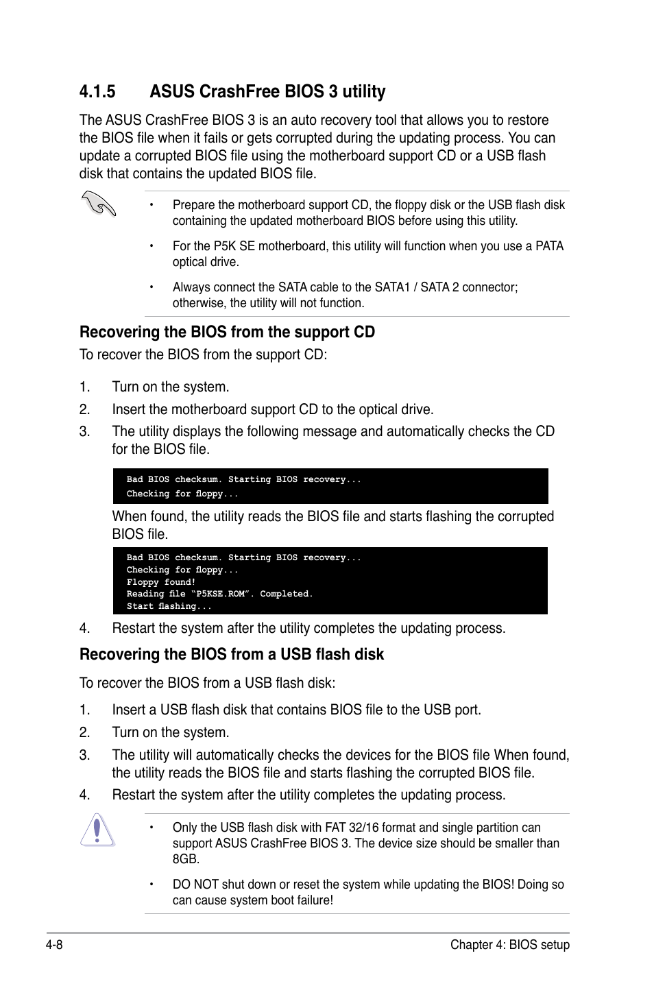 5 asus crashfree bios 3 utility, Recovering the bios from the support cd, Recovering the bios from a usb flash disk | Asus P5K SE User Manual | Page 74 / 136