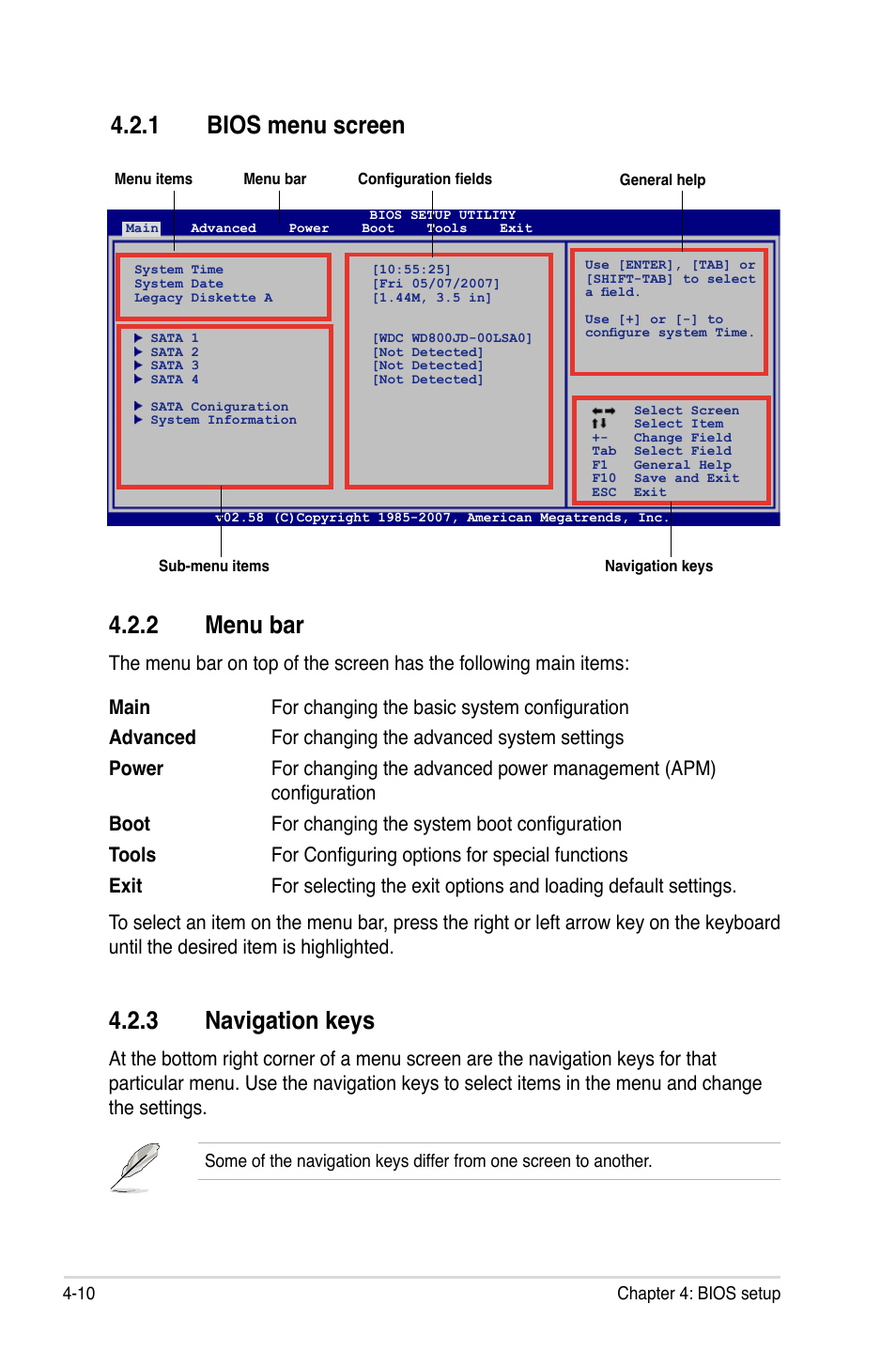 2 menu bar, 3 navigation keys, 1 bios menu screen | Asus P5K SE User Manual | Page 76 / 136