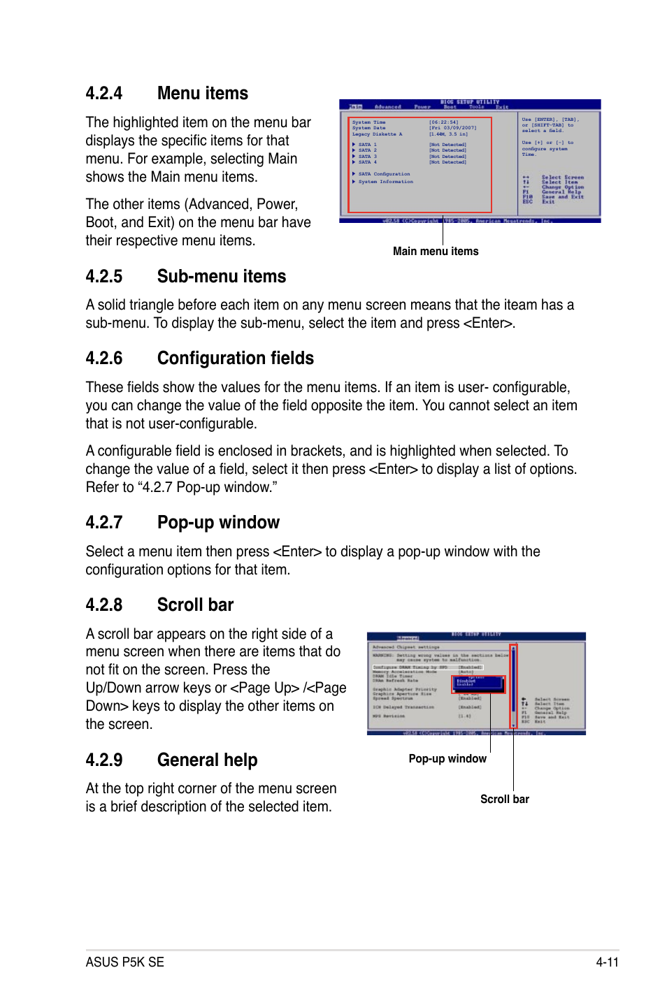 4 menu items, 5 sub-menu items, 6 configuration fields | 7 pop-up window, 8 scroll bar, 9 general help | Asus P5K SE User Manual | Page 77 / 136