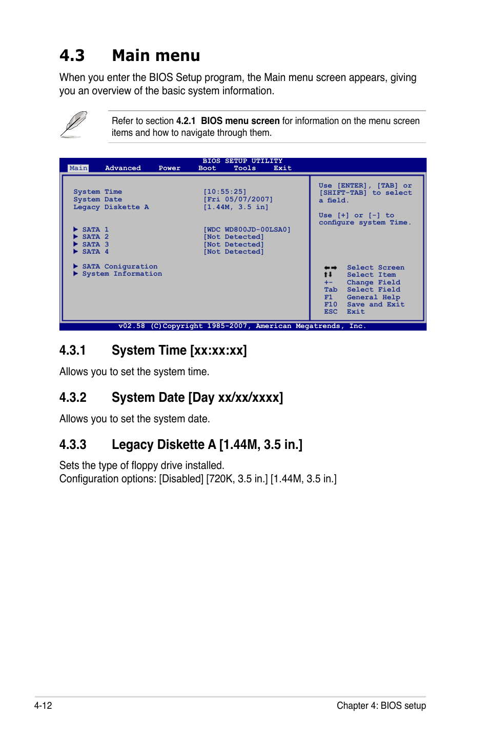 3 main menu, 1 system time [xx:xx:xx, Allows you to set the system time | Allows you to set the system date | Asus P5K SE User Manual | Page 78 / 136