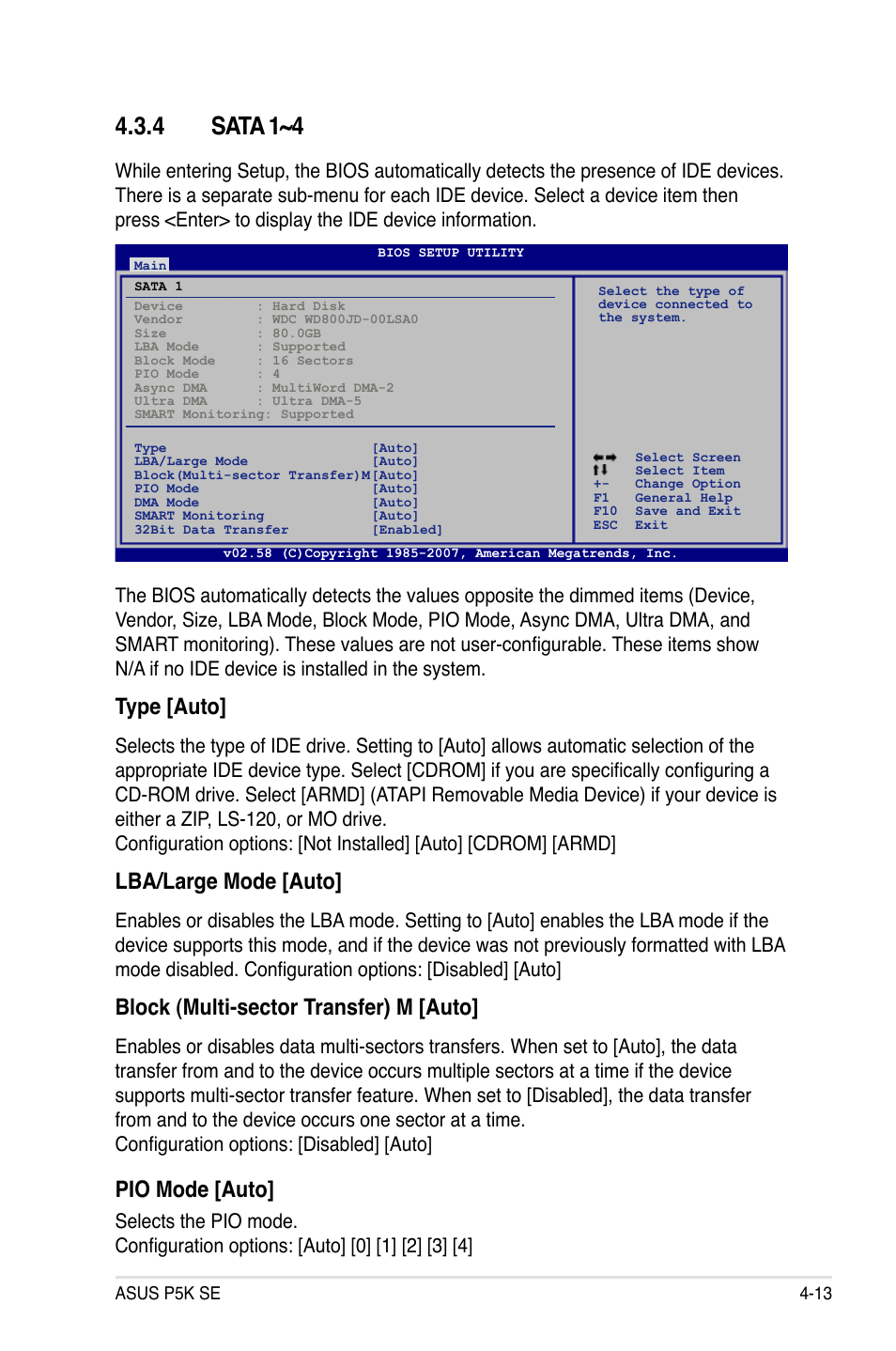 4 sata 1~4, Type [auto, Lba/large mode [auto | Block (multi-sector transfer) m [auto, Pio mode [auto | Asus P5K SE User Manual | Page 79 / 136