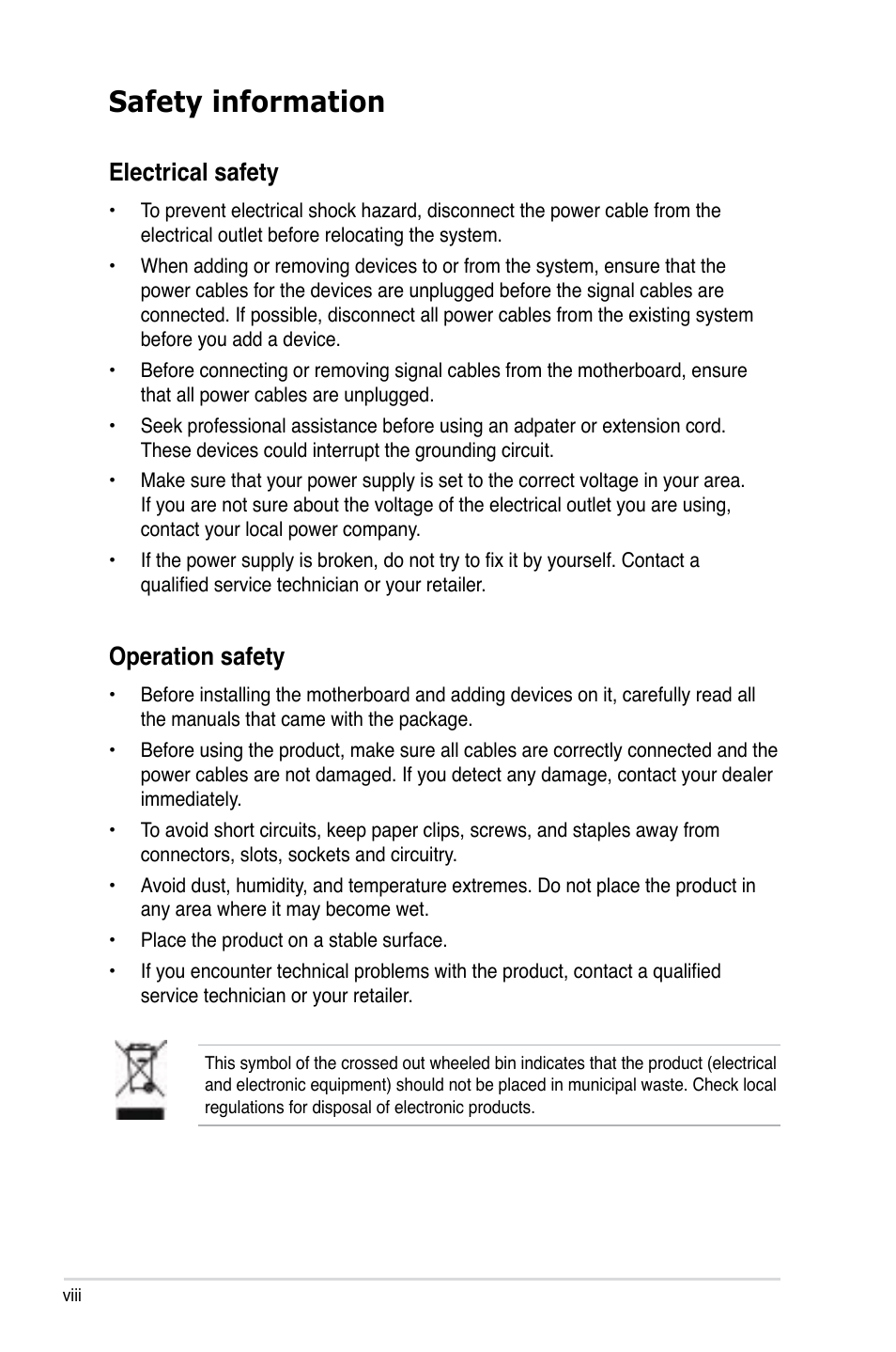 Safety information, Electrical safety, Operation safety | Asus P5K SE User Manual | Page 8 / 136