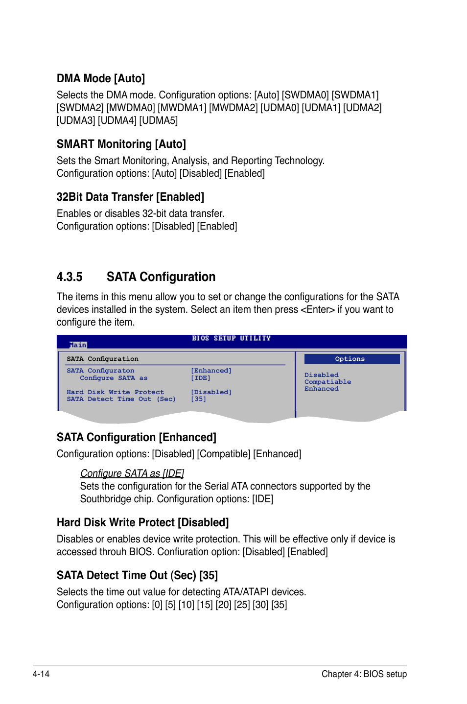 5 sata configuration, Dma mode [auto, Smart monitoring [auto | 32bit data transfer [enabled, Sata configuration [enhanced, Hard disk write protect [disabled, Sata detect time out (sec) [35 | Asus P5K SE User Manual | Page 80 / 136