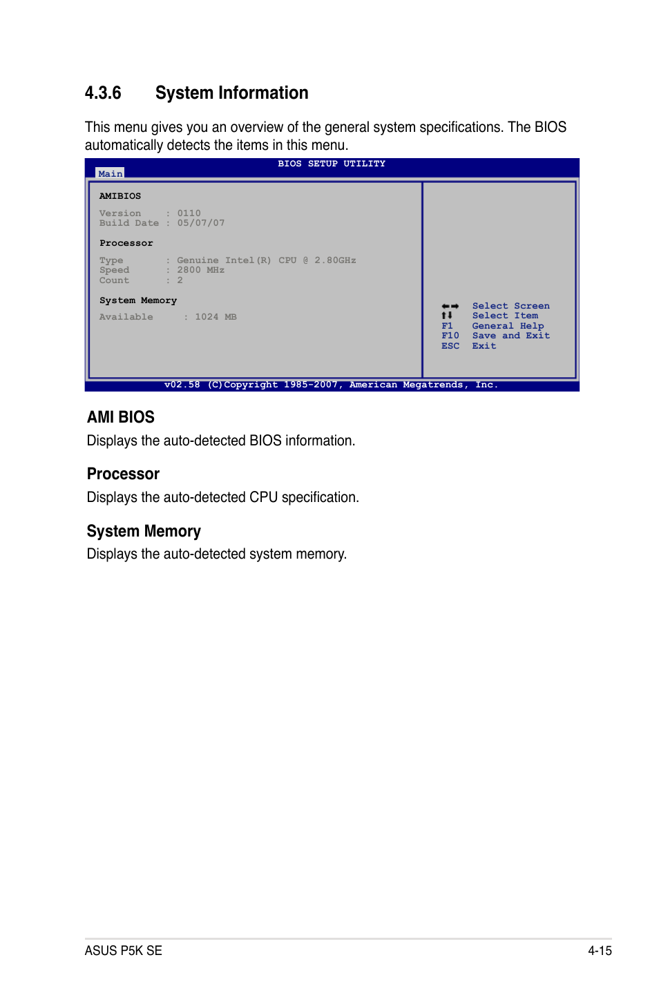 6 system information, Ami bios, Processor | Displays the auto-detected bios information, Displays the auto-detected cpu specification | Asus P5K SE User Manual | Page 81 / 136