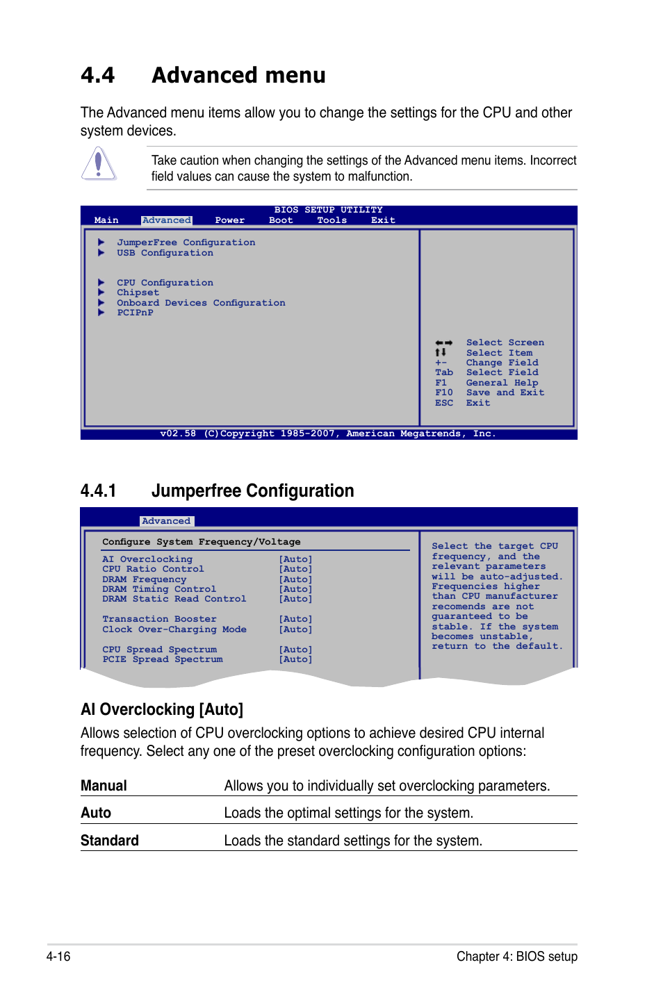 4 advanced menu, 1 jumperfree configuration, Ai overclocking [auto | Asus P5K SE User Manual | Page 82 / 136