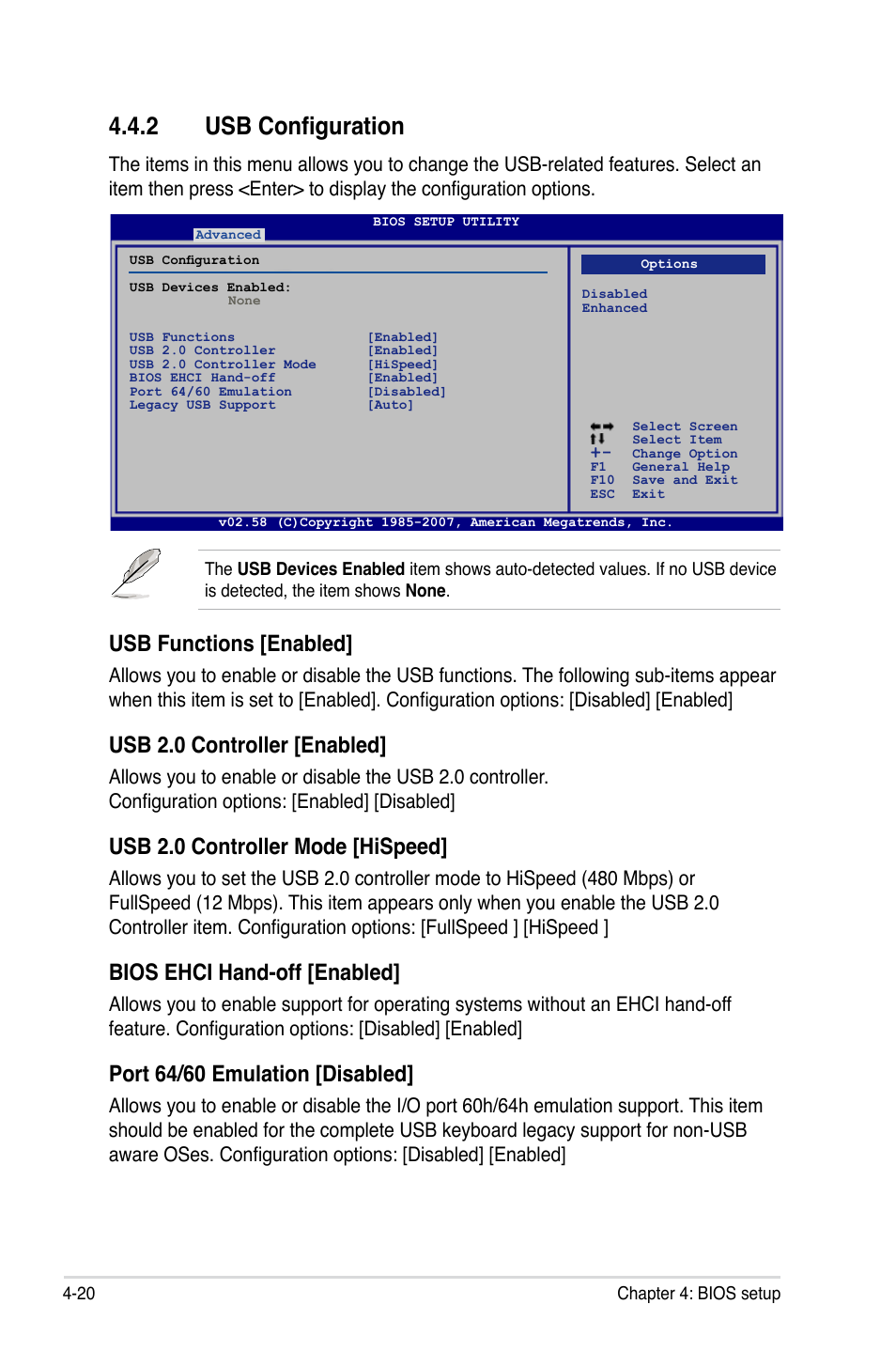 2 usb configuration, Usb functions [enabled, Usb 2.0 controller [enabled | Usb 2.0 controller mode [hispeed, Bios ehci hand-off [enabled, Port 64/60 emulation [disabled | Asus P5K SE User Manual | Page 86 / 136