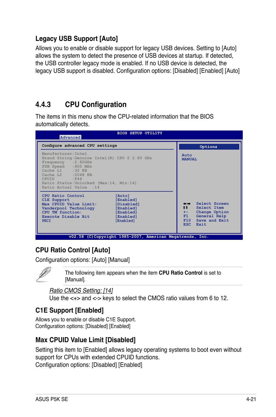 3 cpu configuration, Legacy usb support [auto, Cpu ratio control [auto | C1e support [enabled, Max cpuid value limit [disabled, Configuration options: [auto] [manual | Asus P5K SE User Manual | Page 87 / 136