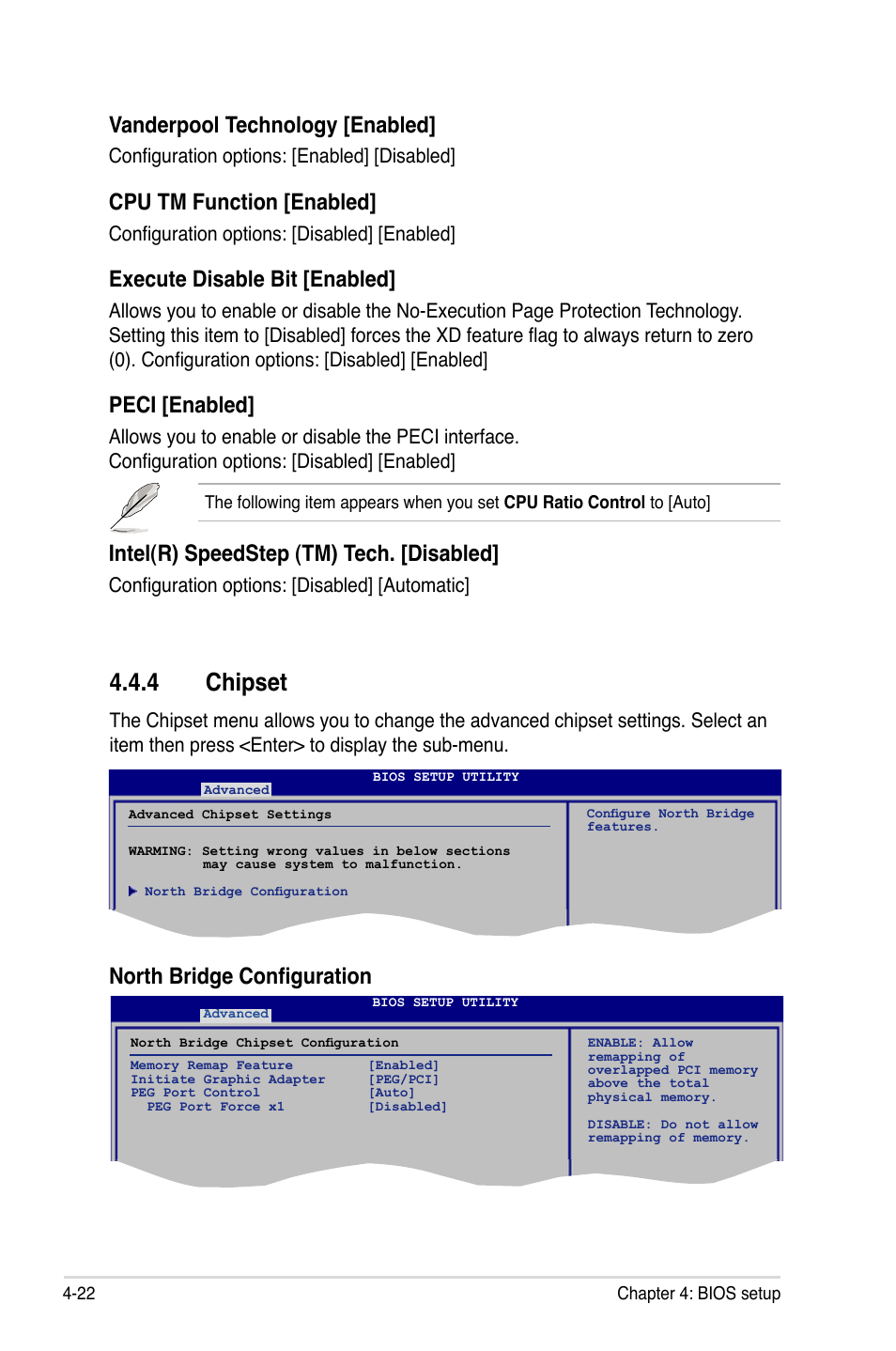 4 chipset, Vanderpool technology [enabled, Cpu tm function [enabled | Execute disable bit [enabled, Peci [enabled, Intel(r) speedstep (tm) tech. [disabled, North bridge configuration, Configuration options: [enabled] [disabled, Configuration options: [disabled] [enabled, Configuration options: [disabled] [automatic | Asus P5K SE User Manual | Page 88 / 136