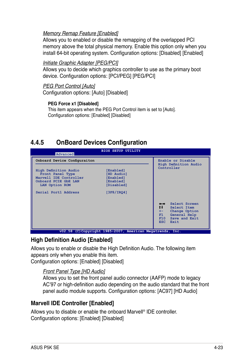 5 onboard devices configuration, High definition audio [enabled, Marvell ide controller [enabled | Asus P5K SE User Manual | Page 89 / 136