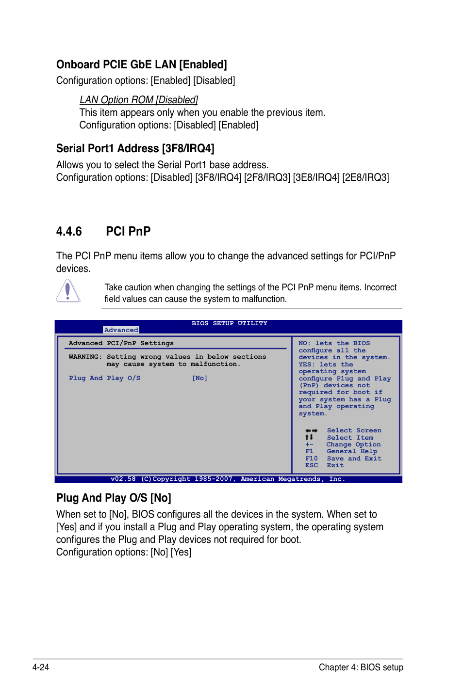 6 pci pnp, Onboard pcie gbe lan [enabled, Serial port1 address [3f8/irq4 | Plug and play o/s [no | Asus P5K SE User Manual | Page 90 / 136