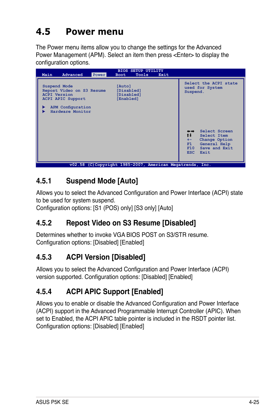 5 power menu, 1 suspend mode [auto, 2 repost video on s3 resume [disabled | 3 acpi version [disabled, 4 acpi apic support [enabled | Asus P5K SE User Manual | Page 91 / 136