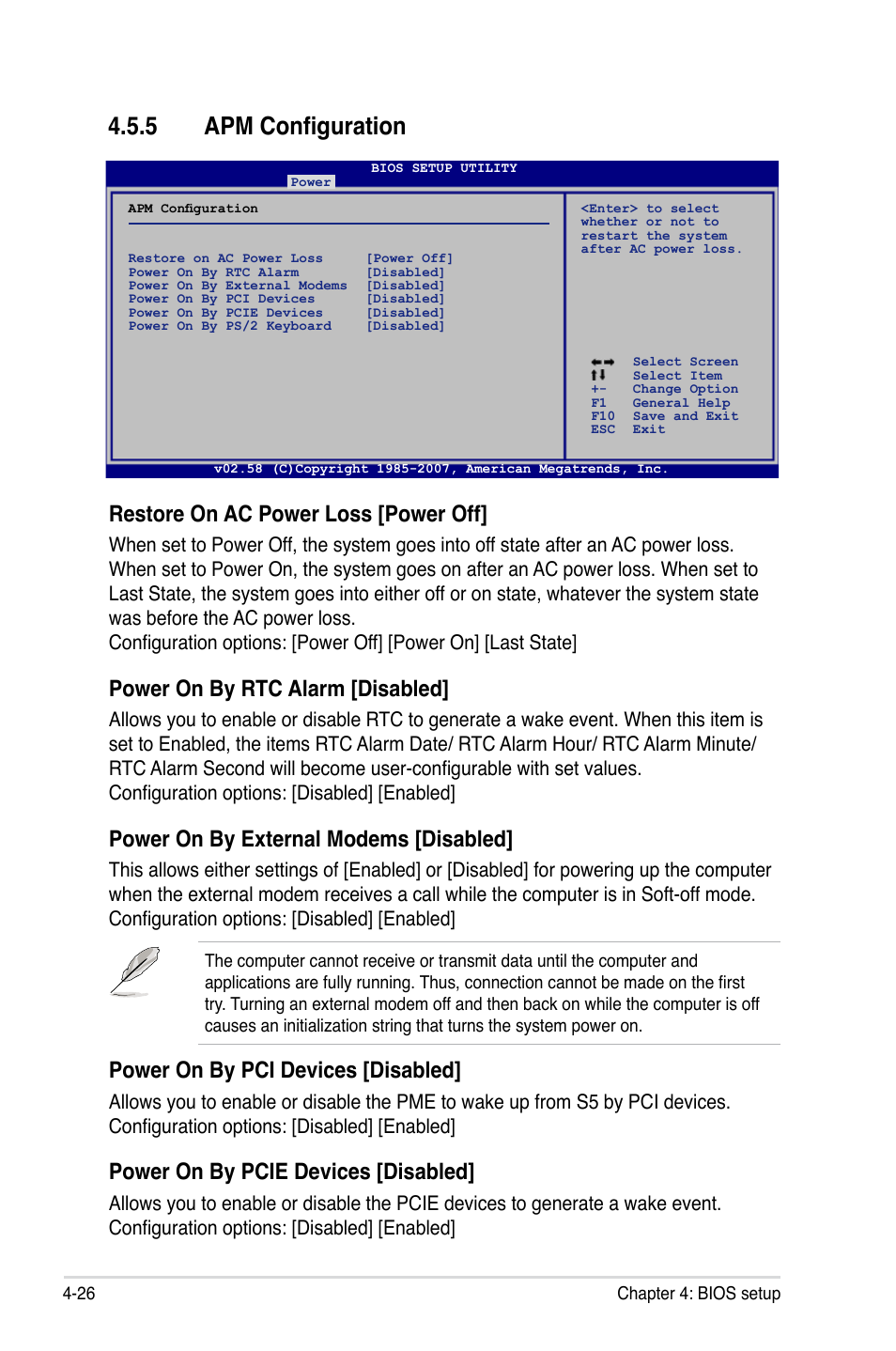 5 apm configuration, Restore on ac power loss [power off, Power on by rtc alarm [disabled | Power on by external modems [disabled, Power on by pci devices [disabled, Power on by pcie devices [disabled | Asus P5K SE User Manual | Page 92 / 136