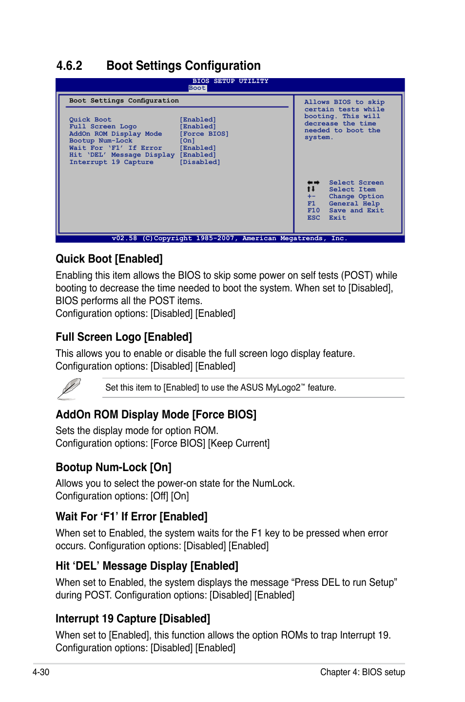 2 boot settings configuration, Quick boot [enabled, Full screen logo [enabled | Addon rom display mode [force bios, Bootup num-lock [on, Wait for ‘f1’ if error [enabled, Hit ‘del’ message display [enabled, Interrupt 19 capture [disabled | Asus P5K SE User Manual | Page 96 / 136