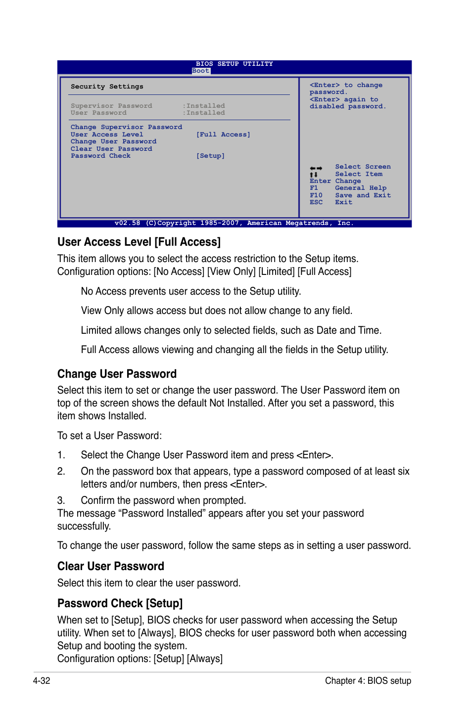 User access level [full access, Change user password, Clear user password | Password check [setup, Select this item to clear the user password | Asus P5K SE User Manual | Page 98 / 136