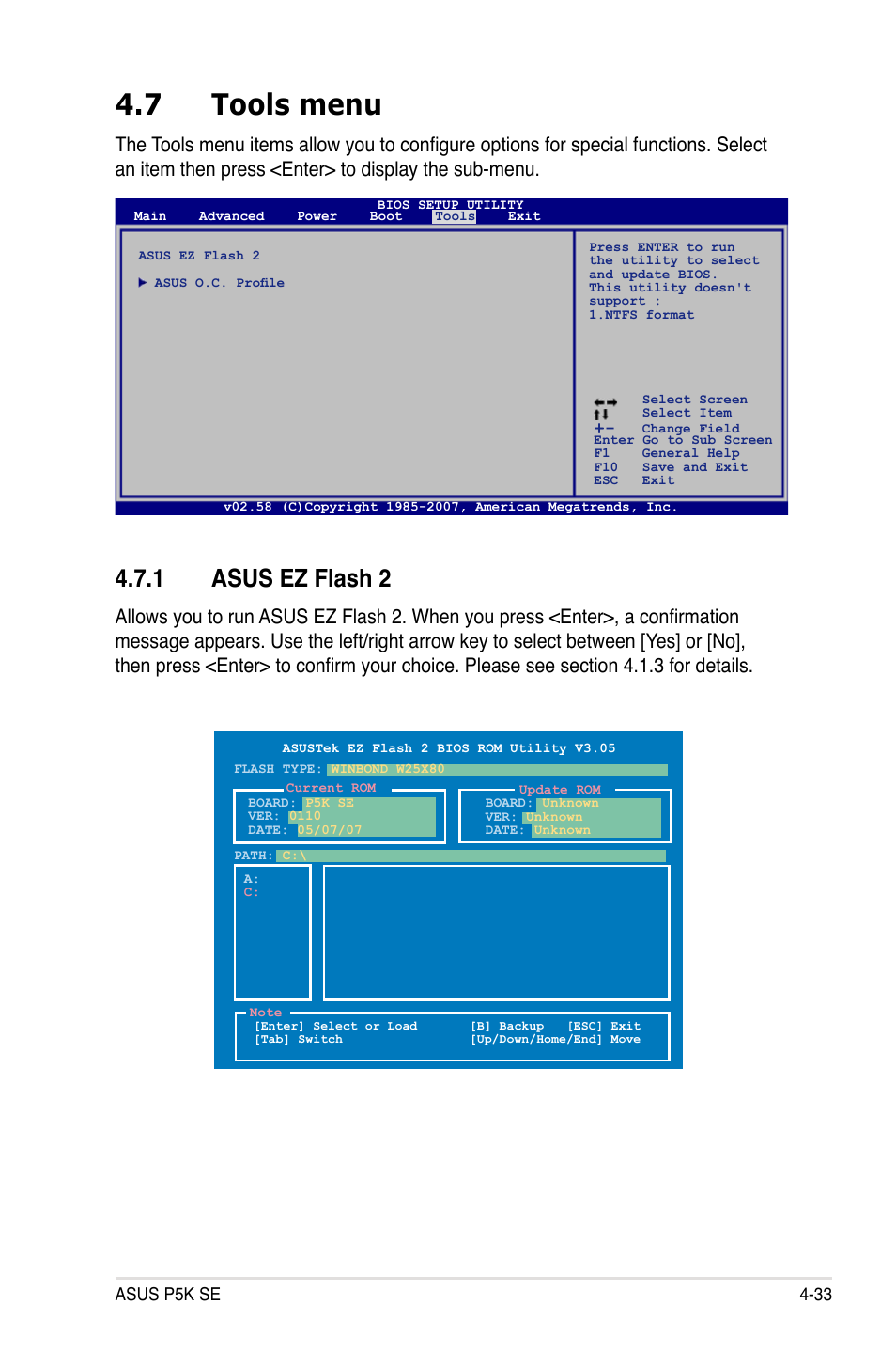 7 tools menu, 1 asus ez flash 2 | Asus P5K SE User Manual | Page 99 / 136