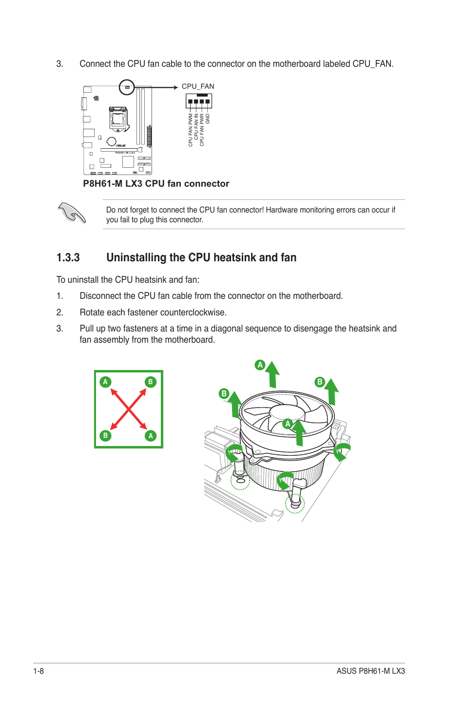 3 uninstalling the cpu heatsink and fan, Uninstalling the cpu heatsink and fan -8, P8h61-m lx3 cpu fan connector | Asus P8H61-M LX3 User Manual | Page 18 / 62