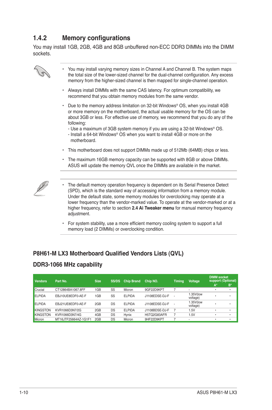 2 memory configurations, Memory configurations -10 | Asus P8H61-M LX3 User Manual | Page 20 / 62