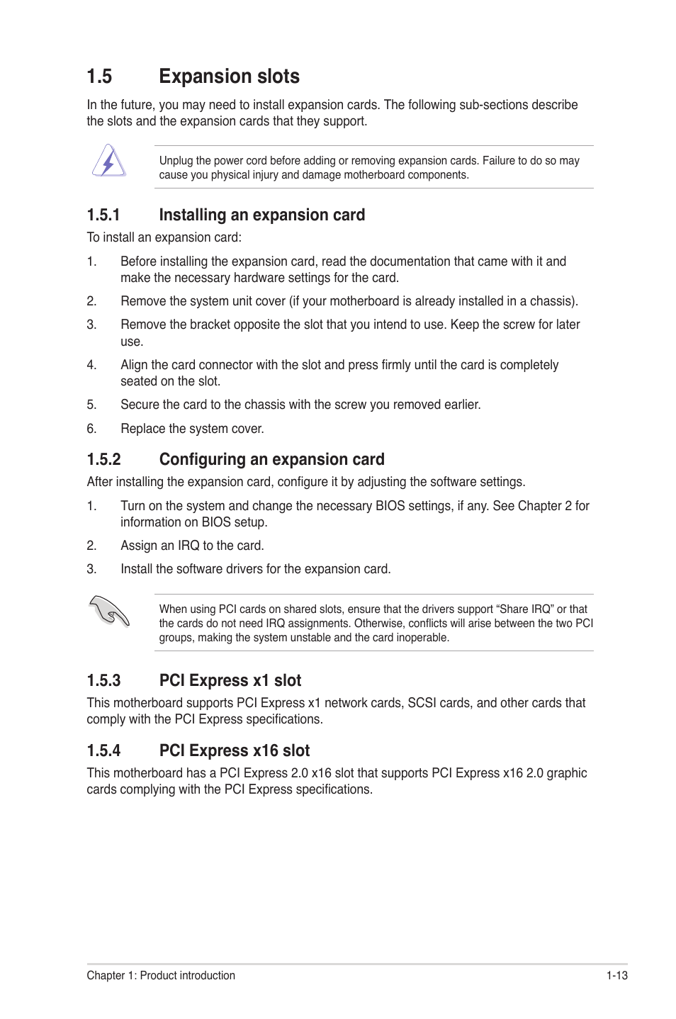 5 expansion slots, 1 installing an expansion card, 2 configuring an expansion card | 3 pci express x1 slot, 4 pci express x16 slot, Expansion slots -13 1.5.1, Installing an expansion card -13, Configuring an expansion card -13, Pci express x1 slot -13, Pci express x16 slot -13 | Asus P8H61-M LX3 User Manual | Page 23 / 62
