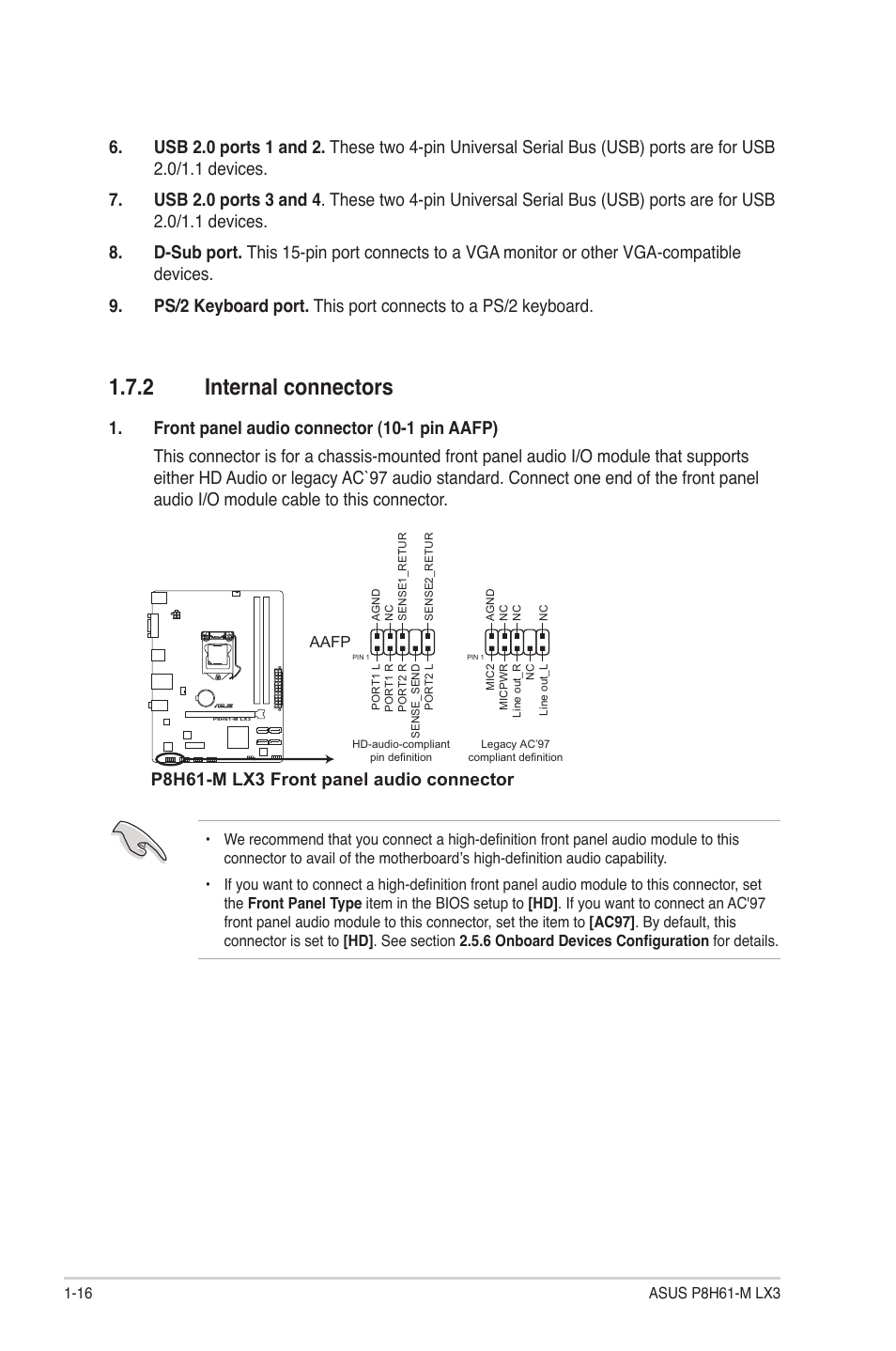 2 internal connectors, Internal connectors -16, P8h61-m lx3 front panel audio connector | Asus P8H61-M LX3 User Manual | Page 26 / 62