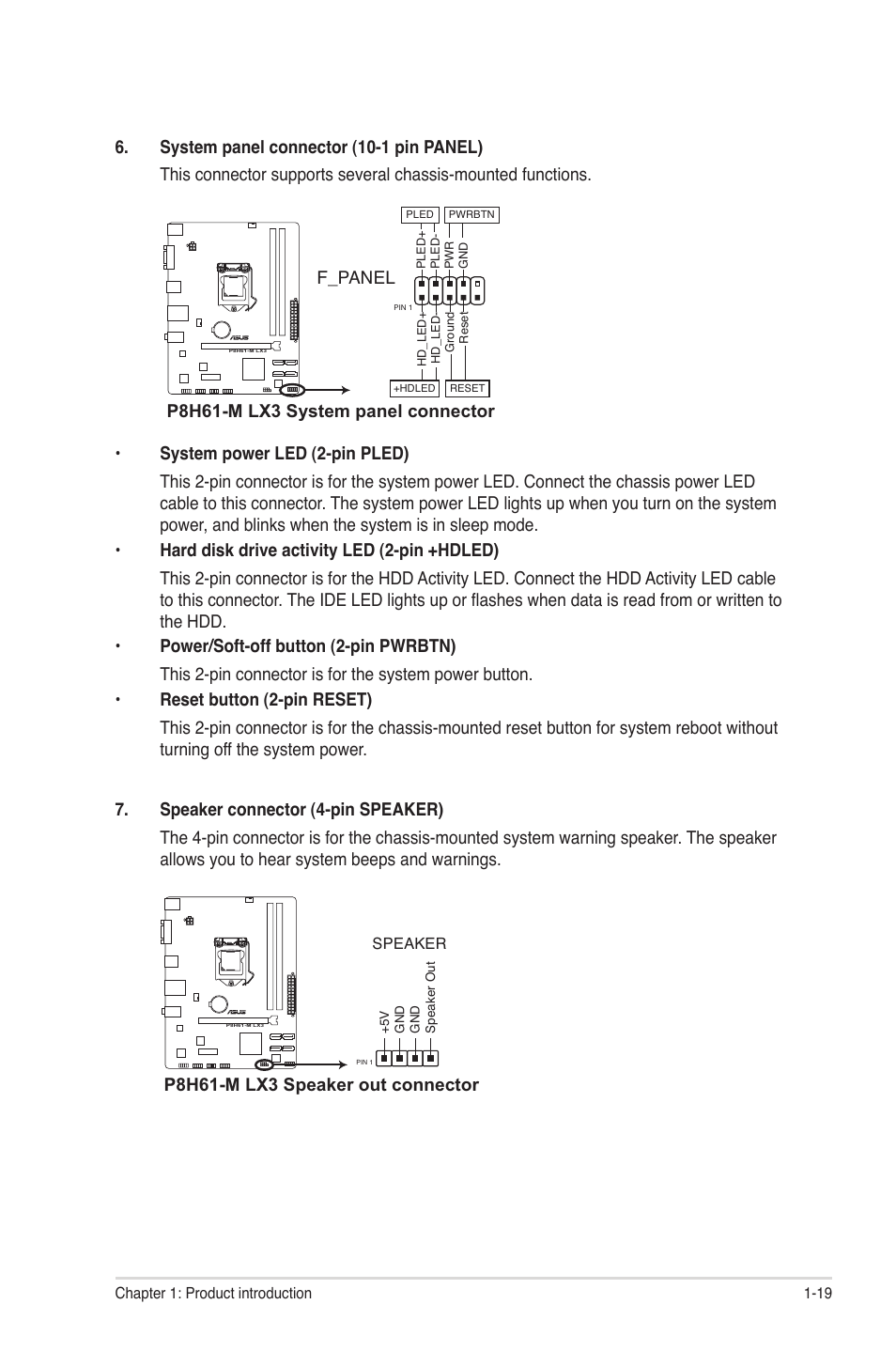 F_panel, P8h61-m lx3 system panel connector, P8h61-m lx3 speaker out connector | Asus P8H61-M LX3 User Manual | Page 29 / 62