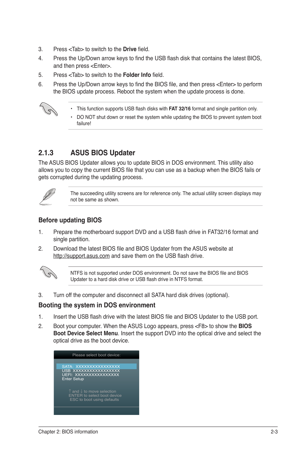 3 asus bios updater, Asus bios updater -3, Before updating bios | Booting the system in dos environment | Asus P8H61-M LX3 User Manual | Page 33 / 62
