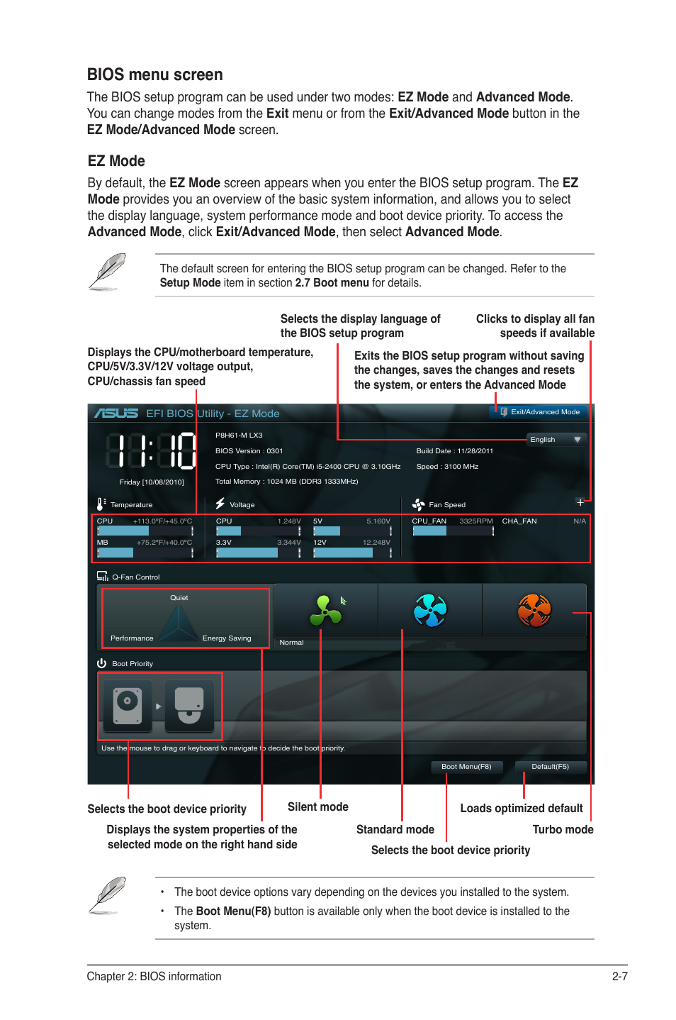 Bios menu screen, Ez mode, Chapter 2: bios information 2-7 | Asus P8H61-M LX3 User Manual | Page 37 / 62