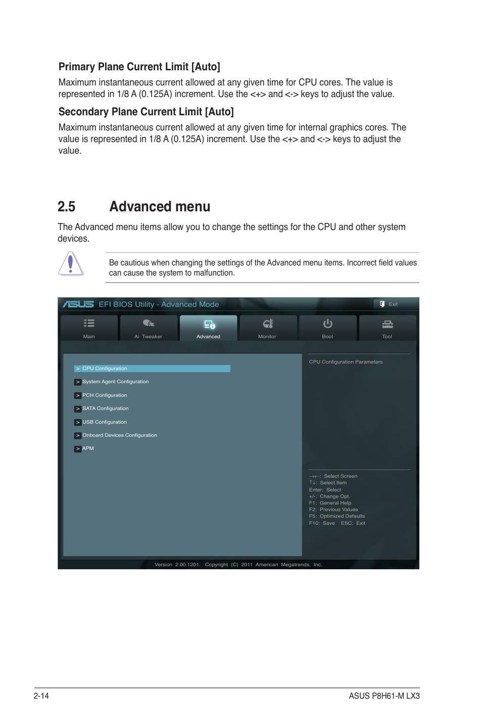 5 advanced menu, Advanced menu -14, Primary plane current limit [auto | Secondary plane current limit [auto | Asus P8H61-M LX3 User Manual | Page 44 / 62