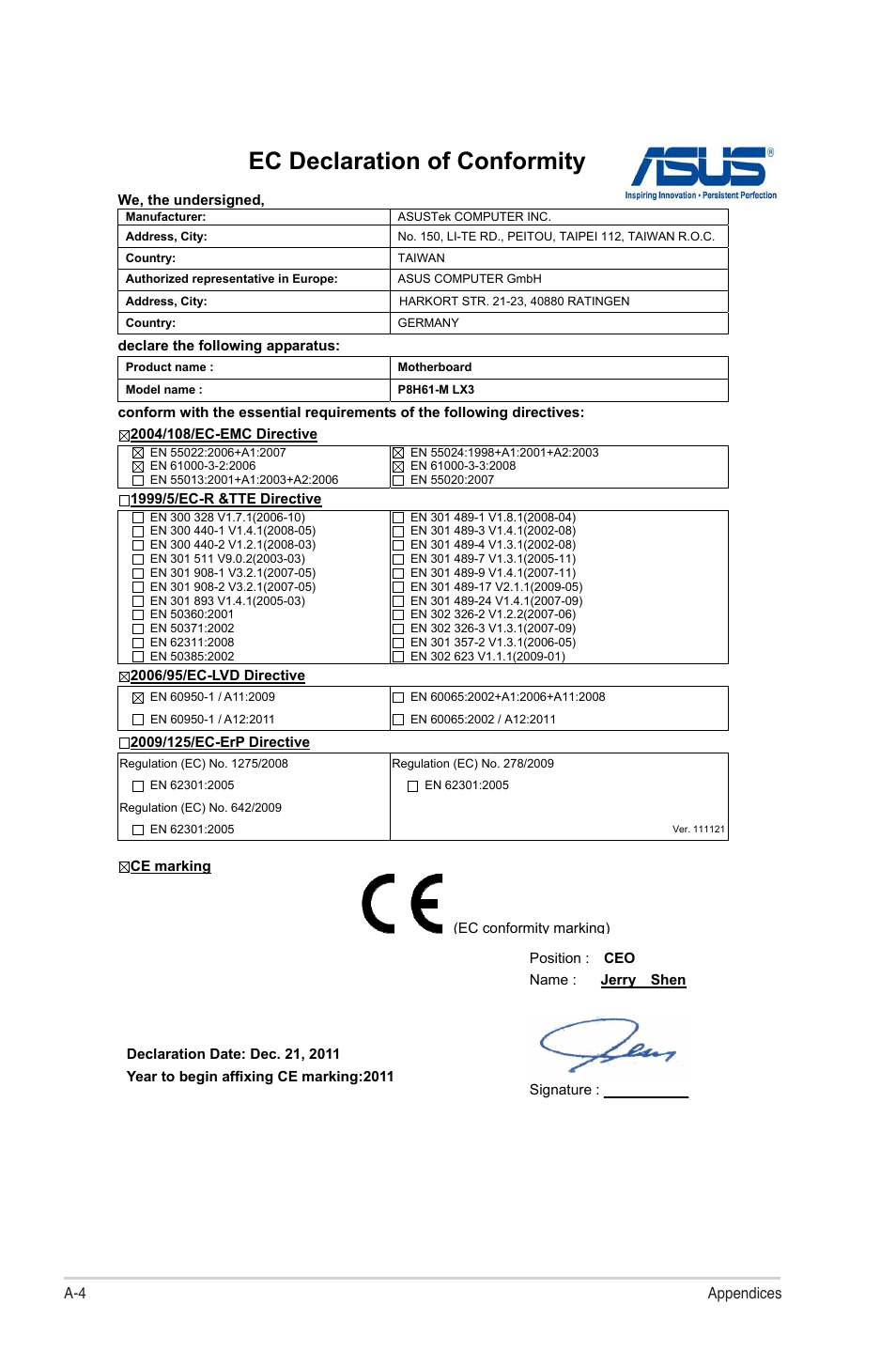 Ec declaration of conformity | Asus P8H61-M LX3 User Manual | Page 60 / 62