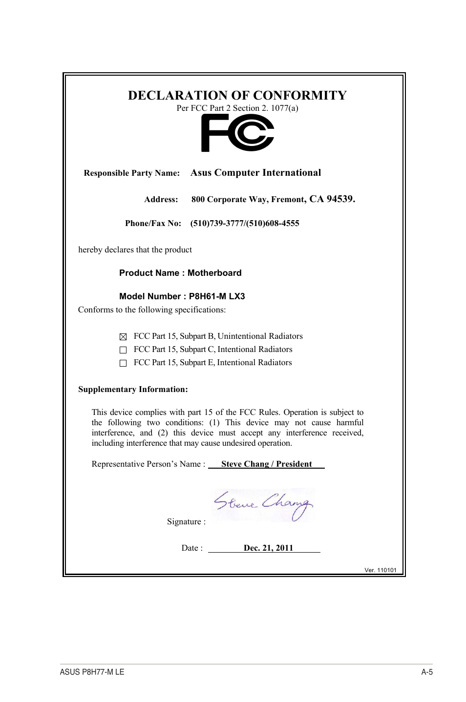 Declaration of conformity | Asus P8H61-M LX3 User Manual | Page 61 / 62