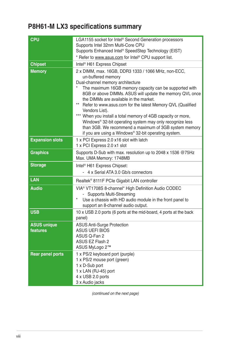 P8h61-m lx3 specifications summary | Asus P8H61-M LX3 User Manual | Page 8 / 62