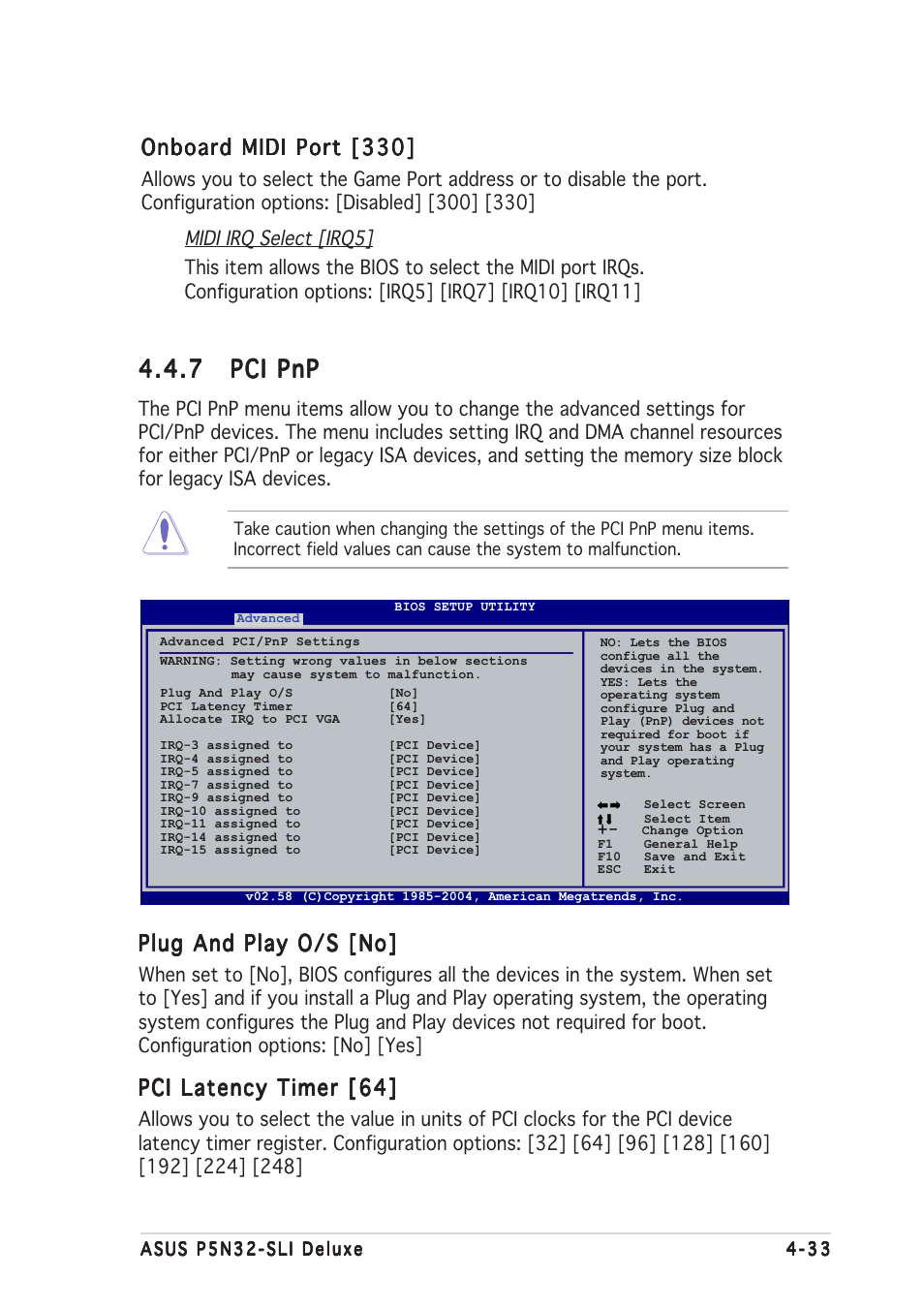 7 pci pnp pci pnp pci pnp pci pnp pci pnp, Plug and play o/s [no, Pci latency timer [64 | Onboard midi port [330 | Asus P5N32-SLI Deluxe User Manual | Page 105 / 176