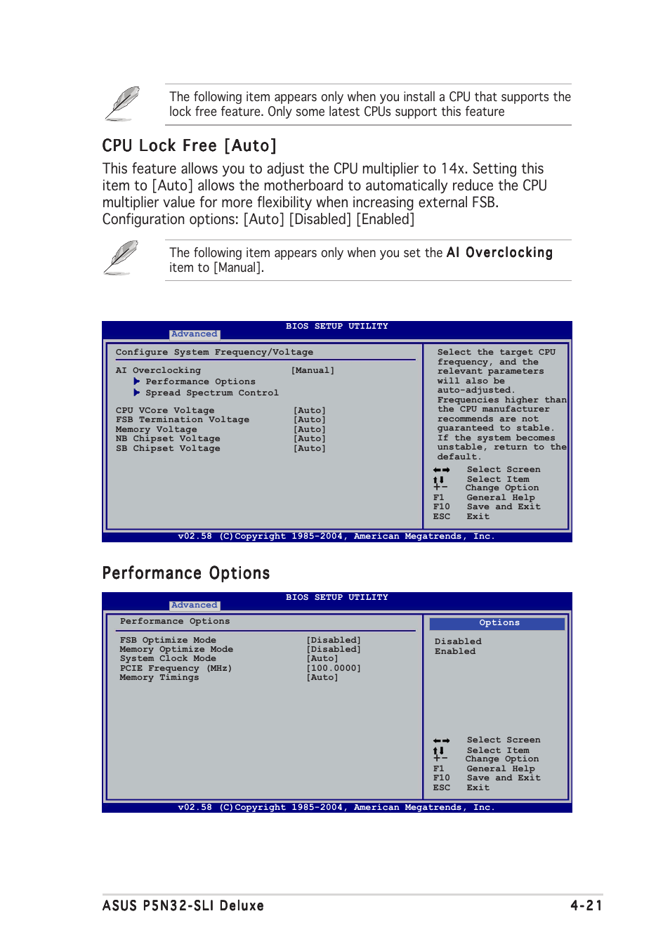 Cpu lock free [auto, Performance options | Asus P5N32-SLI Deluxe User Manual | Page 93 / 176