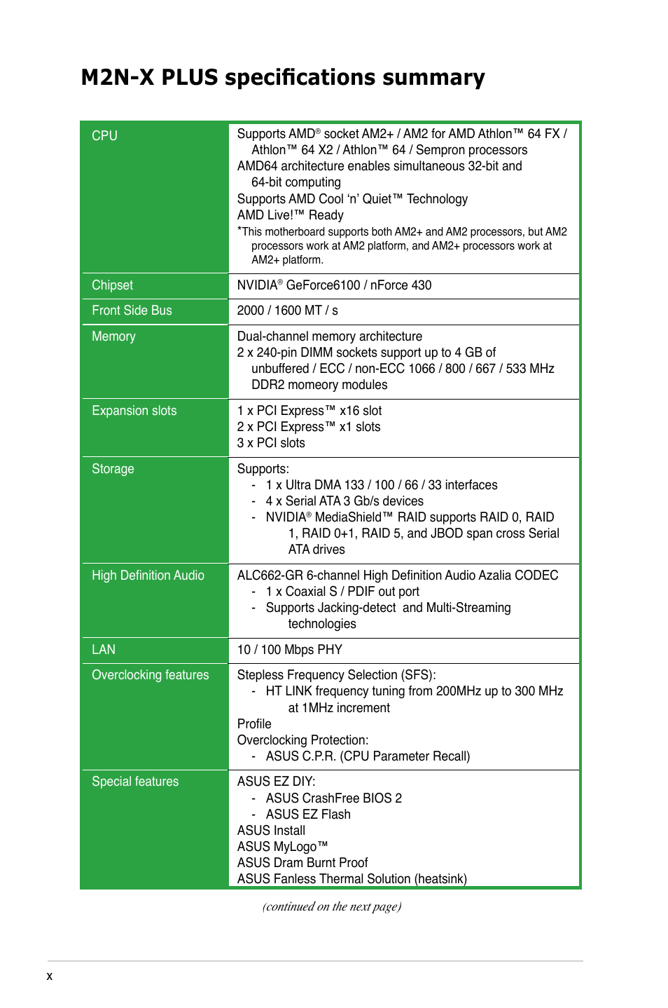 M2n-x plus specifications summary | Asus M2N-X PLUS User Manual | Page 10 / 90