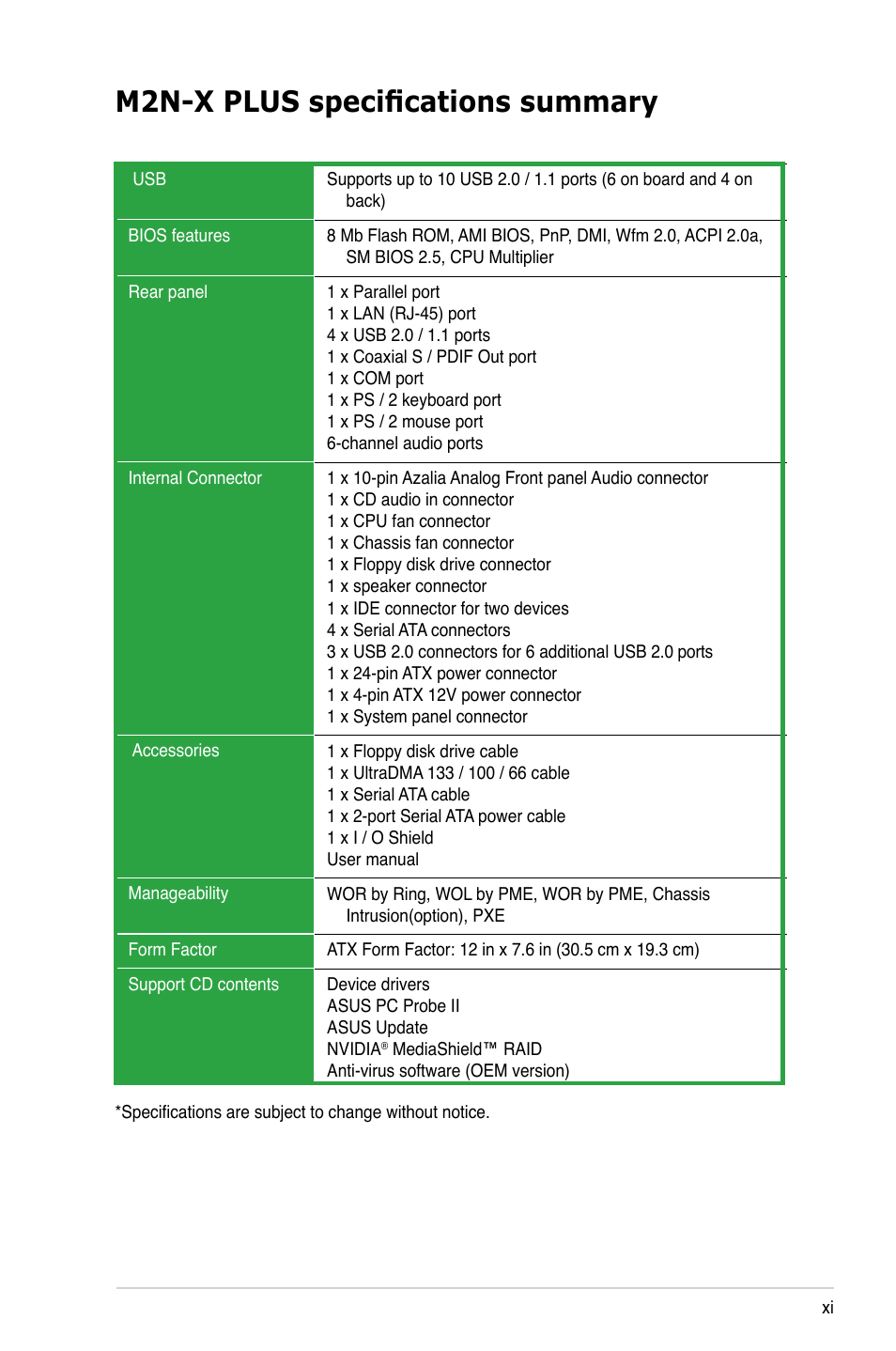 M2n-x plus specifications summary | Asus M2N-X PLUS User Manual | Page 11 / 90