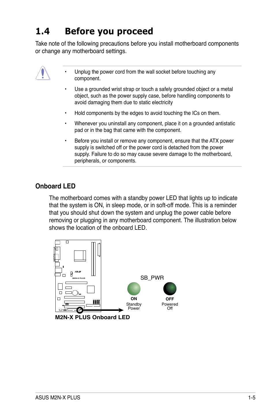 4 before you proceed, Onboard led | Asus M2N-X PLUS User Manual | Page 17 / 90